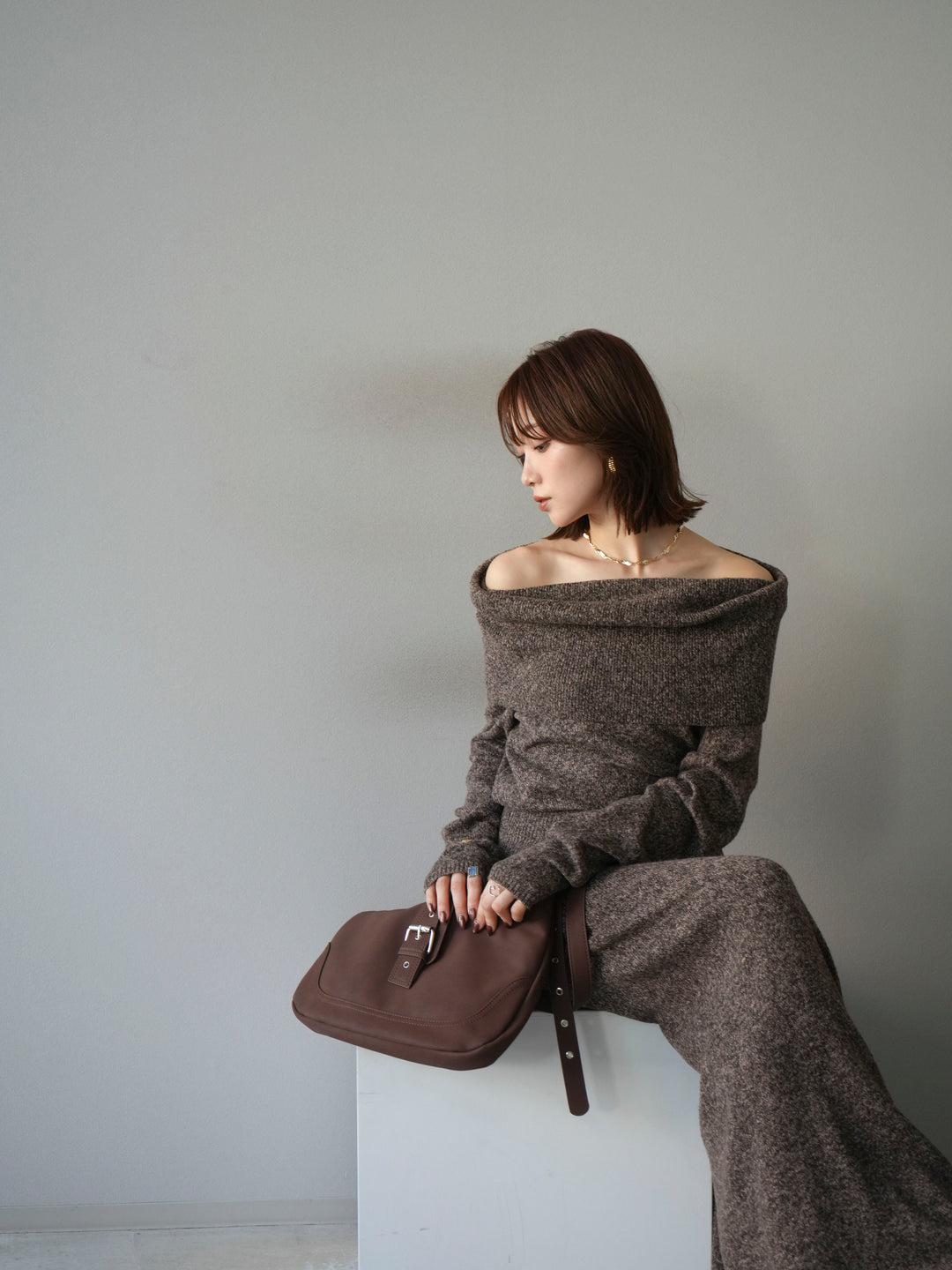 [予約]ミックスヤーンオフショルニットプルオーバー/ブラウン