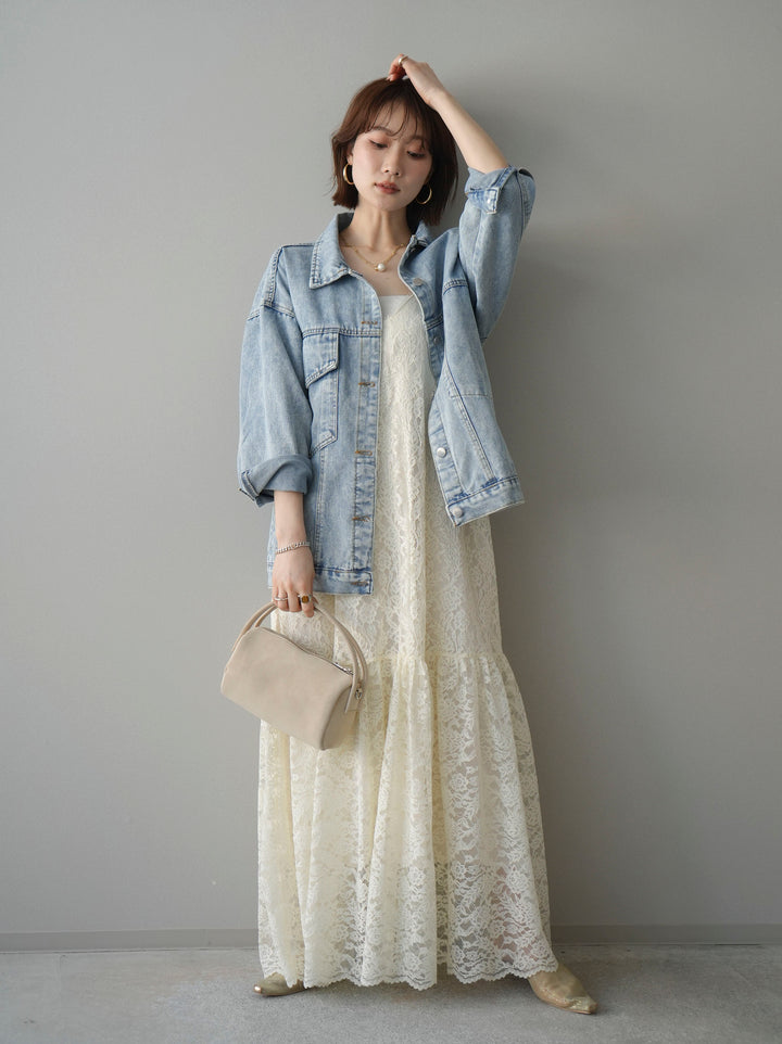 [SET]ギャザー切替レースキャミワンピース+デザインBIGポケットオーバーデニムジャケット(2set)
