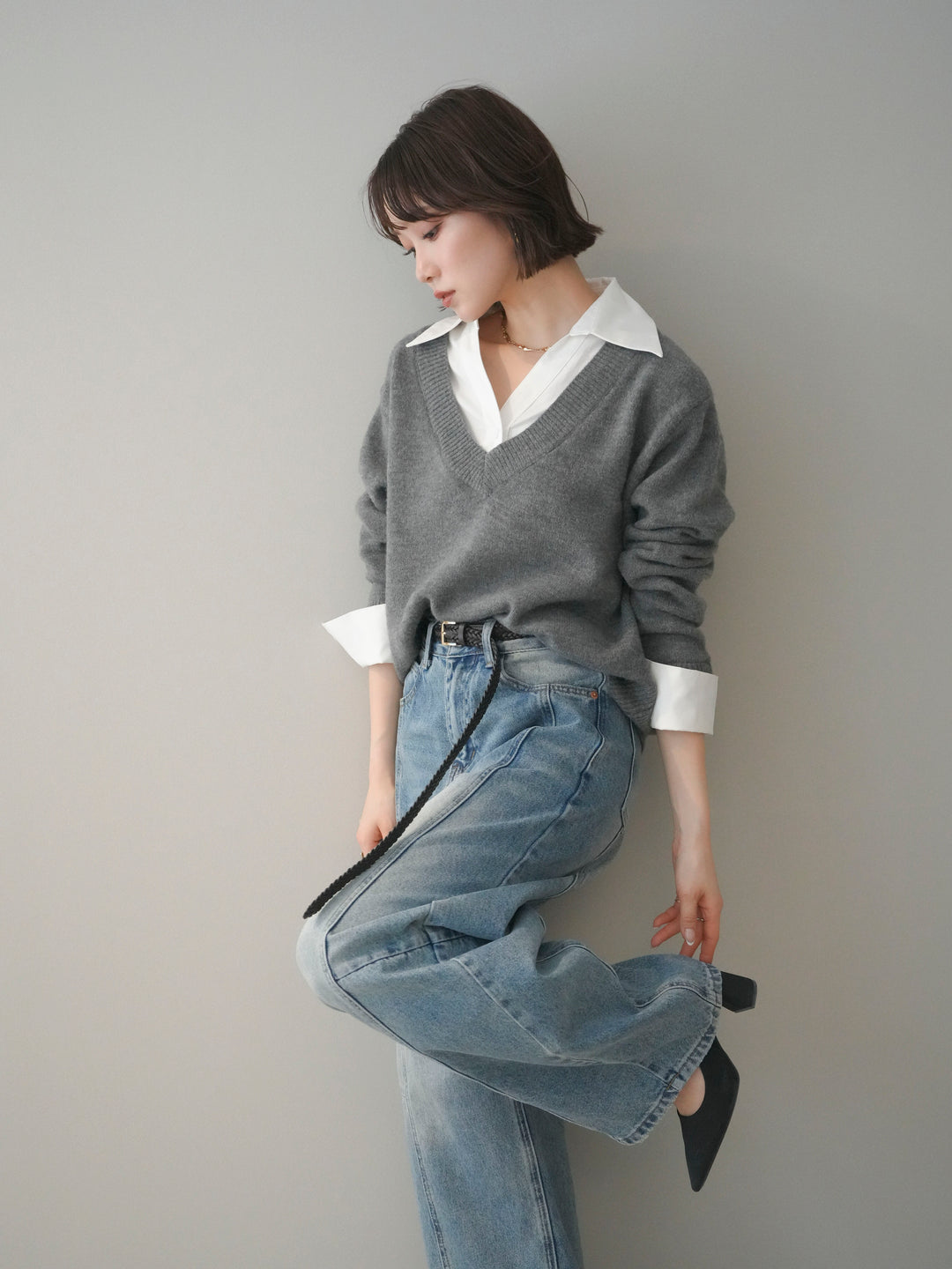 [予約]シャツドッキングVネックニットトップス/gray