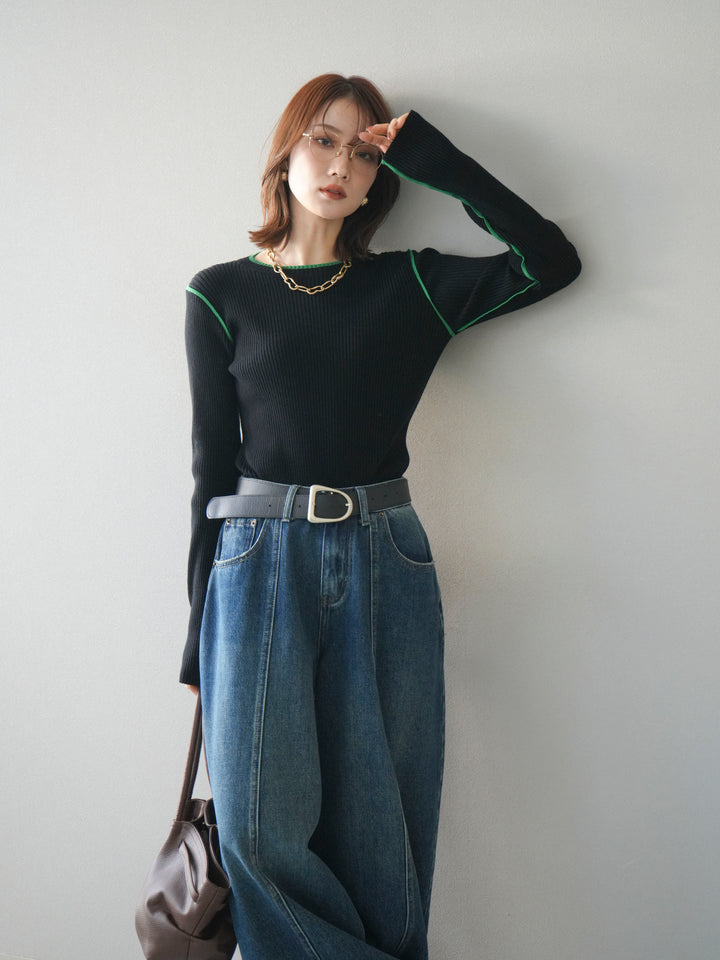 [SET]バイカラークルーネックリブニットトップス+選べるアクセセット(2set)