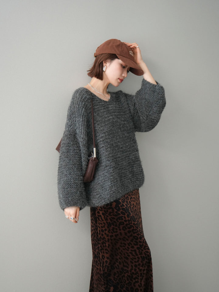 [予約]ワッフル編みシャギーニットプルオーバー/gray