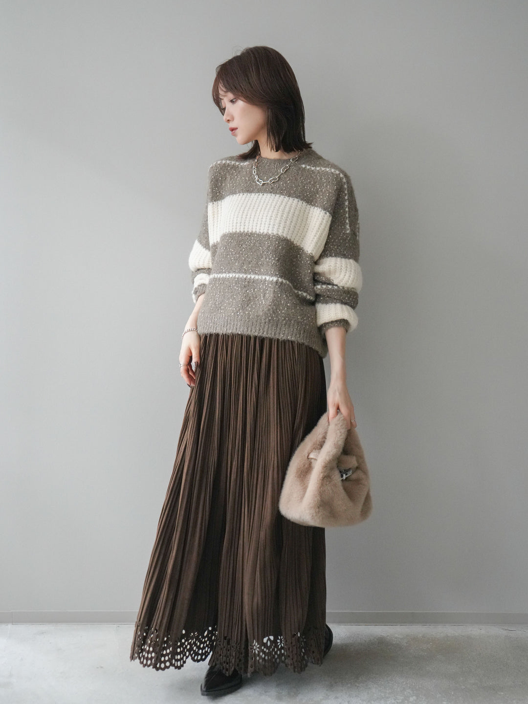 [予約]パンチングデザインスエードプリーツスカート/brown