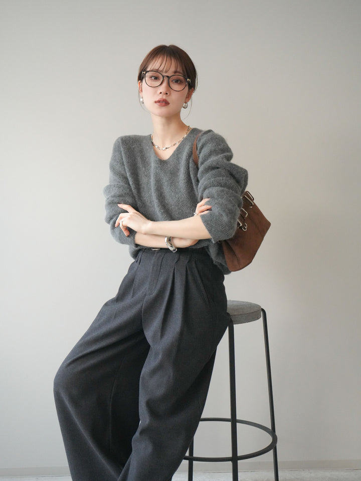 [SET]シュシュ付きアンゴラタッチVネックニットプルオーバー+選べるアクセセット(2set)