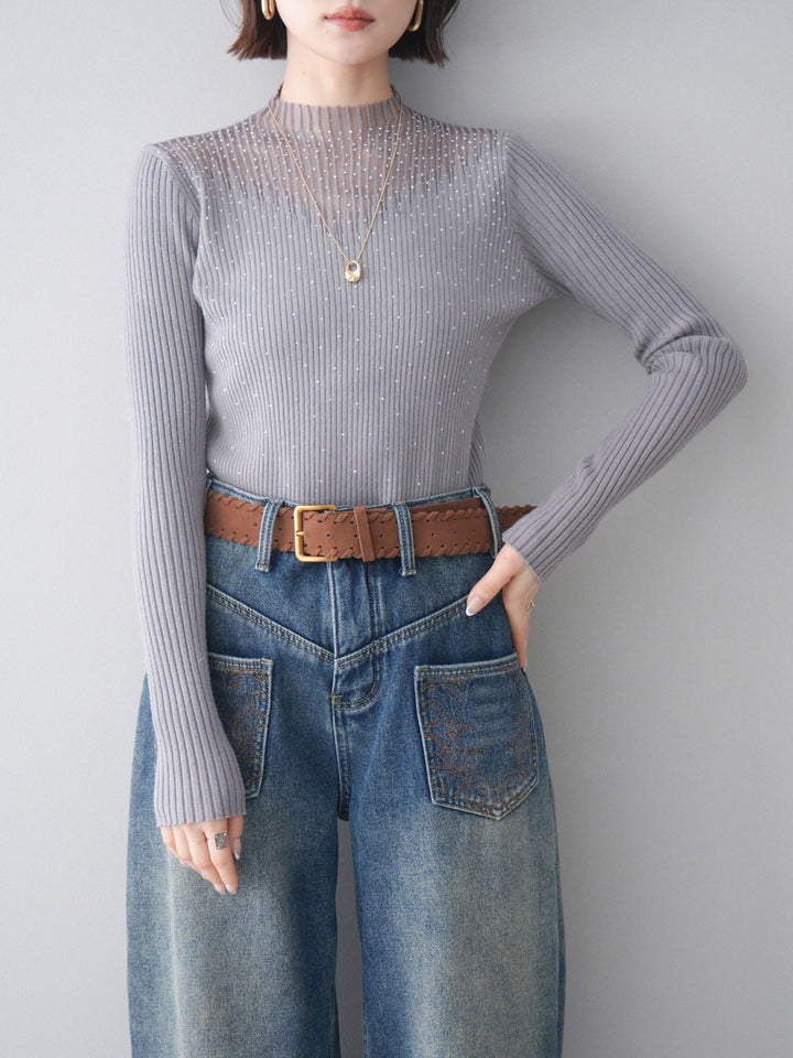 [予約]シアー切替スパンコールリブニットトップス/gray