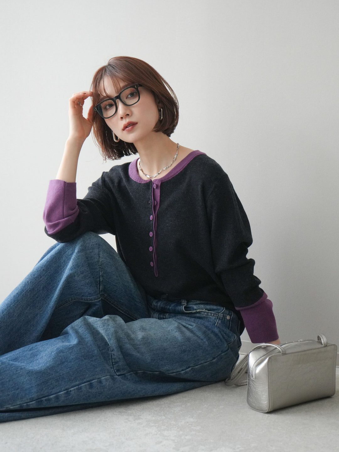 [SET]ヘンリーネック配色ニットソー+選べるアクセセット(2set)