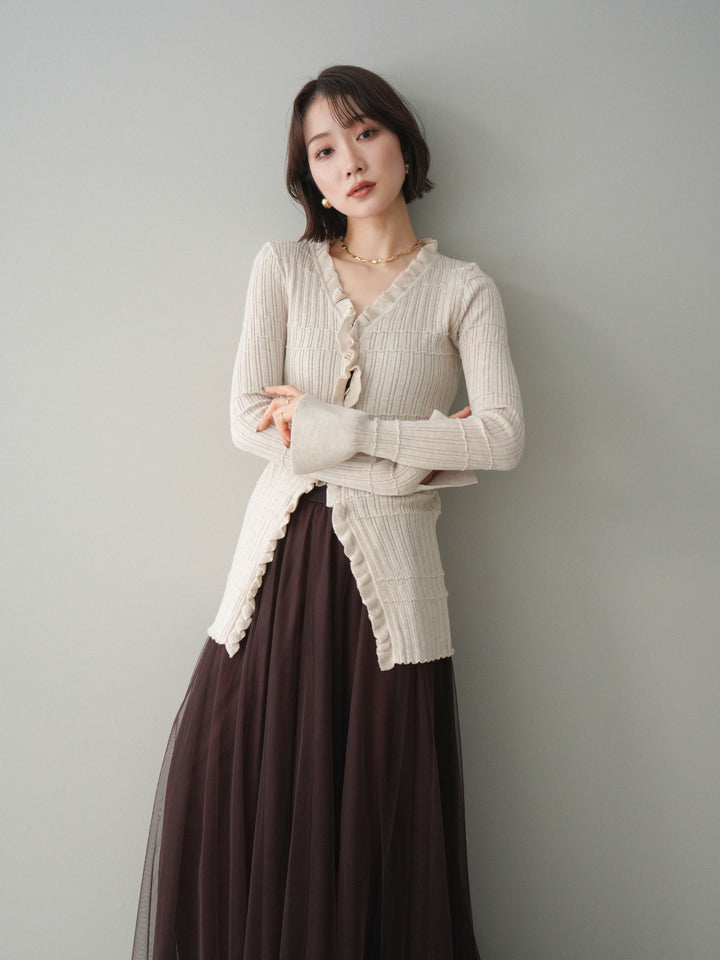 [予約]フロントフリルリブニットカーディガン/beige