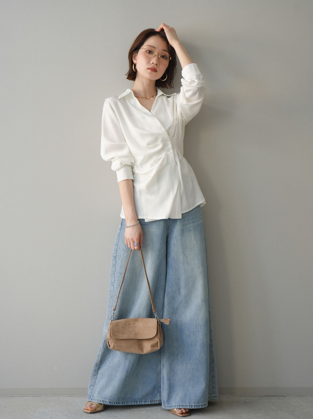 [予約]サイドビジューワイドデニムパンツ/lightblue