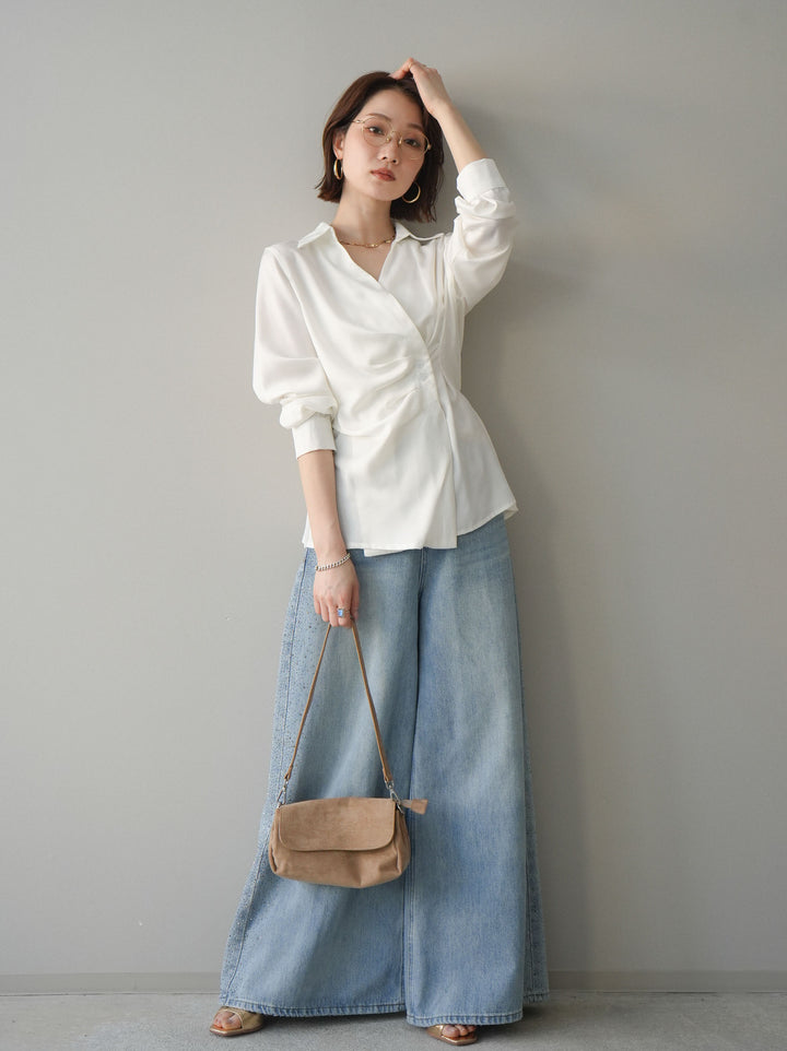 [予約]サイドビジューワイドデニムパンツ/lightblue