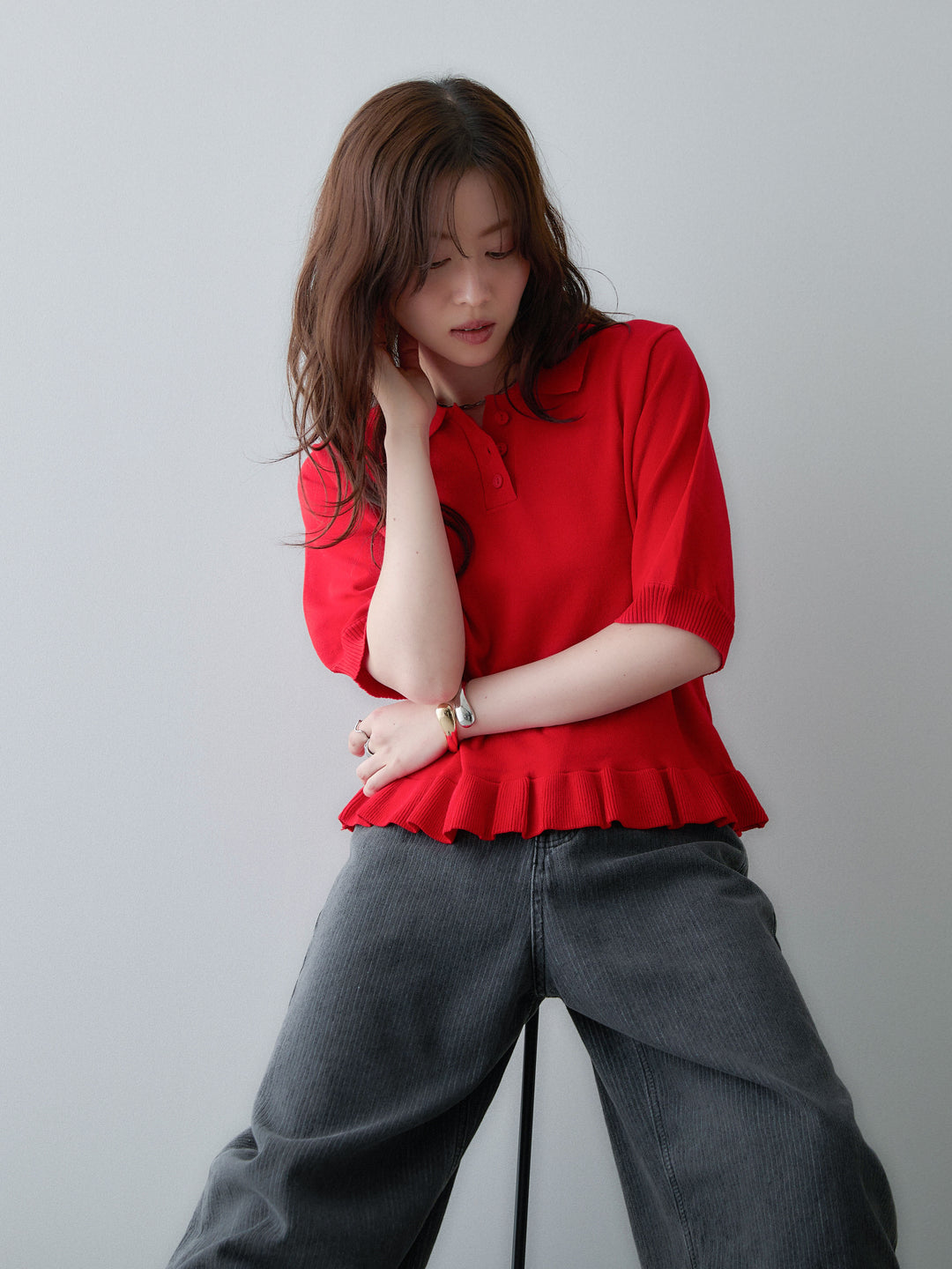 [予約]クールタッチポロフリルニットプルオーバー/red
