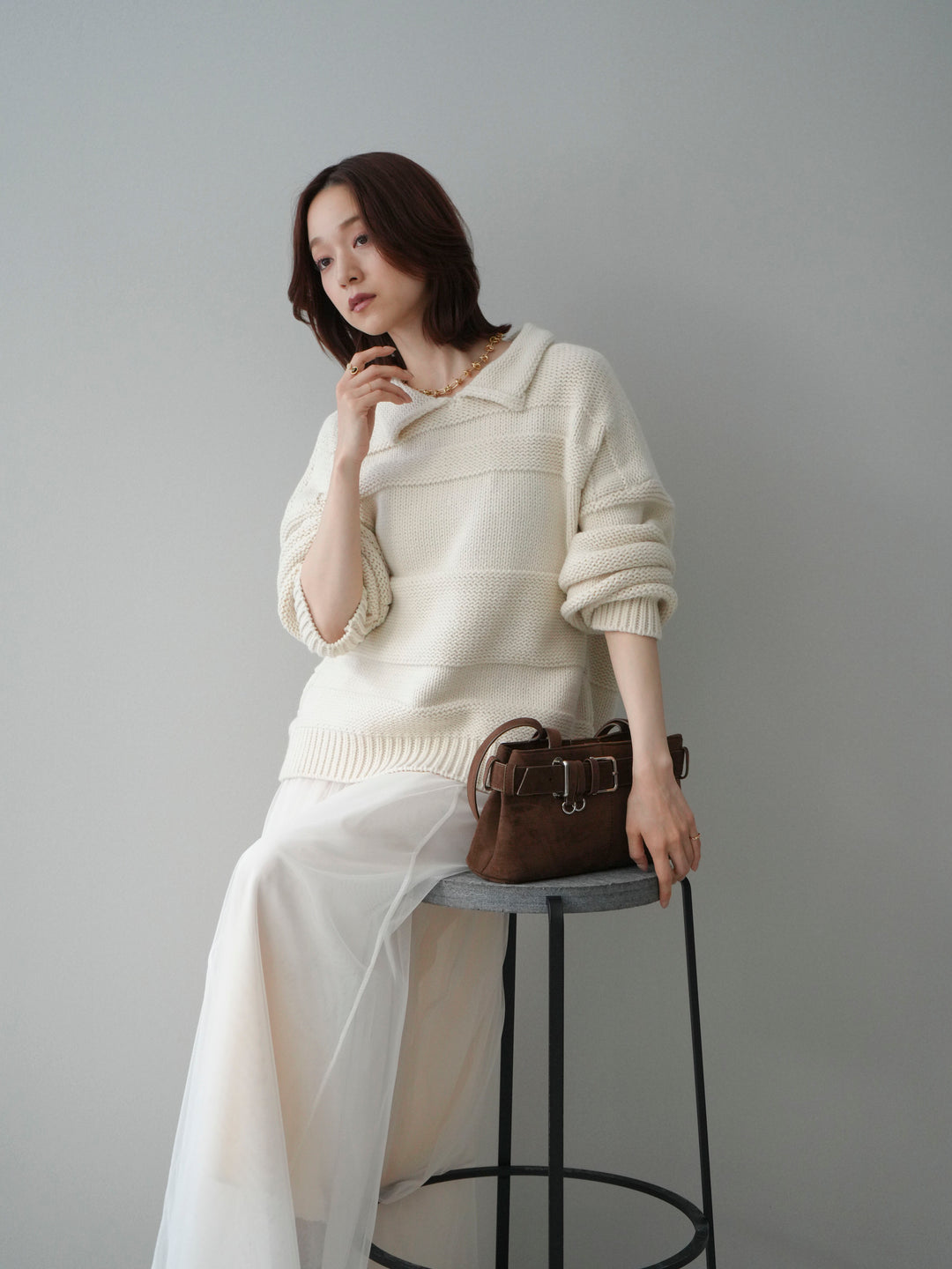 [SET]襟付きボーダー編みニットプルオーバー+チュールボリュームスカート(2set)