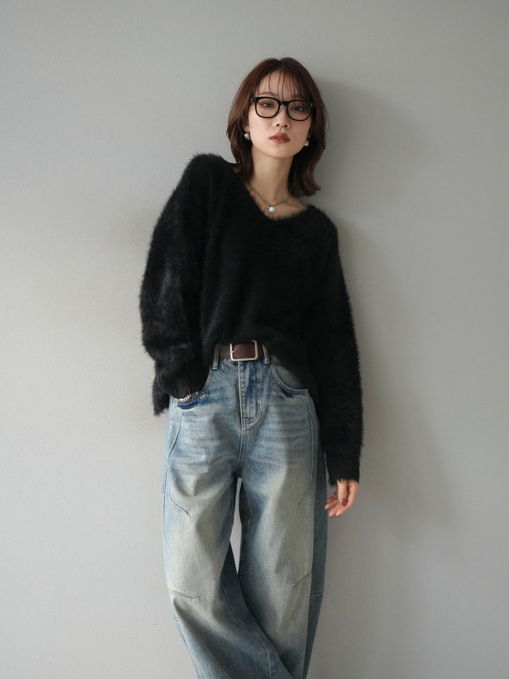 [予約]バックリボンVネックシャギーニットプルオーバー/black