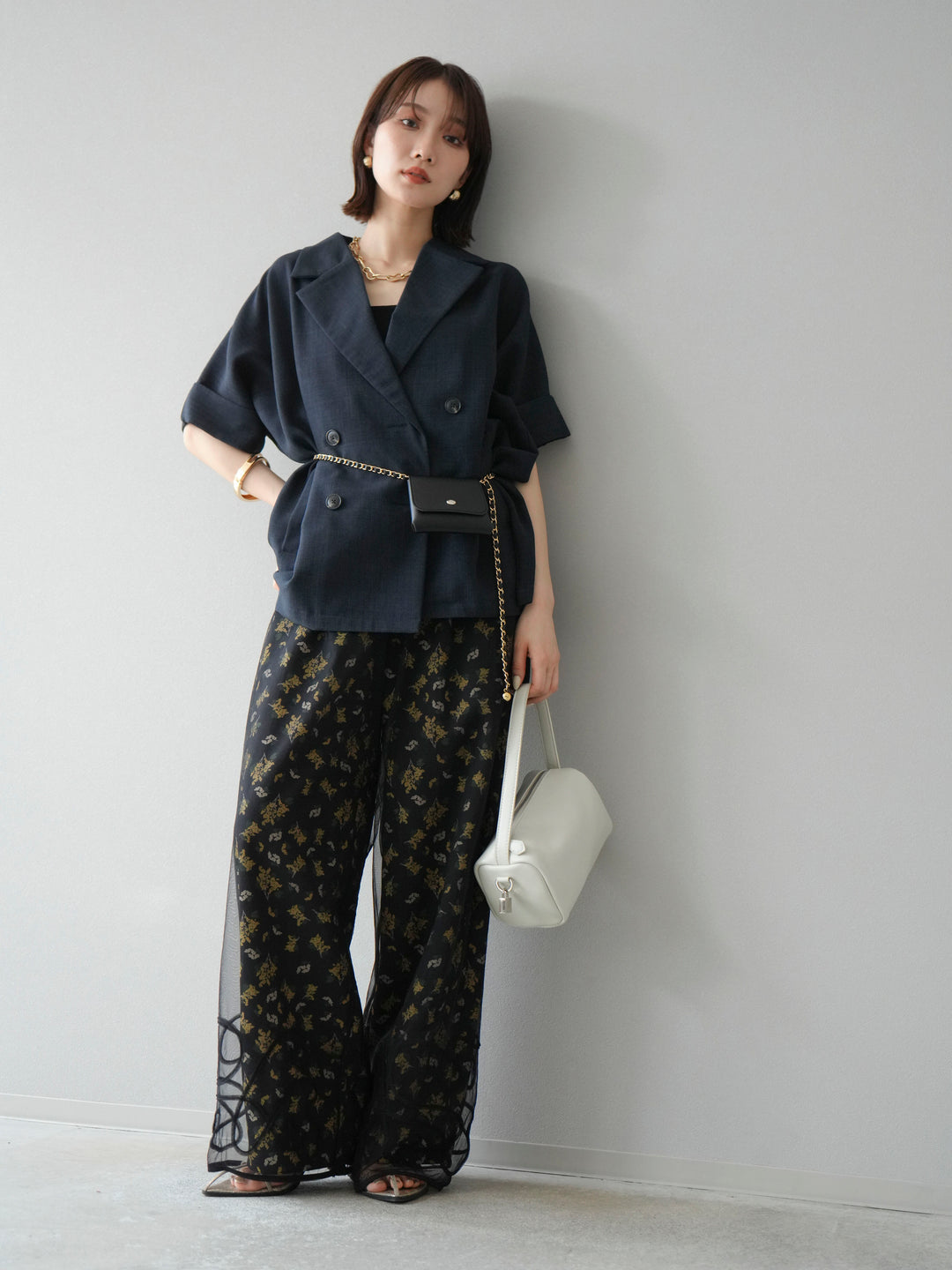 [SET]リネンライクハーフテーラードジャケット+コード刺繍チュールレイヤードパンツ(2set)