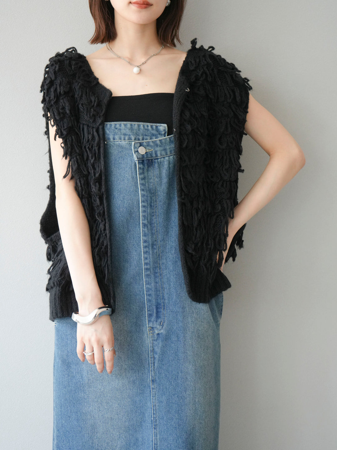 [SET]ループデザインベスト+アシンメトリーデニムワンピース(2set)