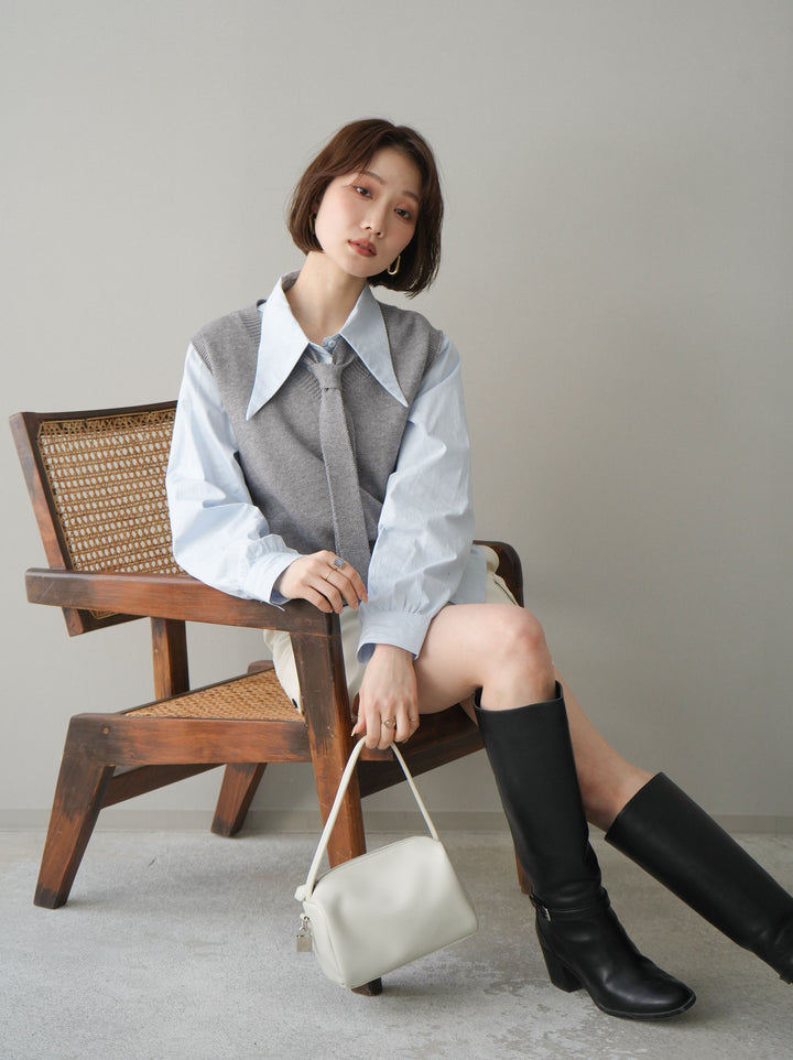 【套裝】蝴蝶結針織背心套裝襯衫+繫帶工裝迷你裙（兩件組）