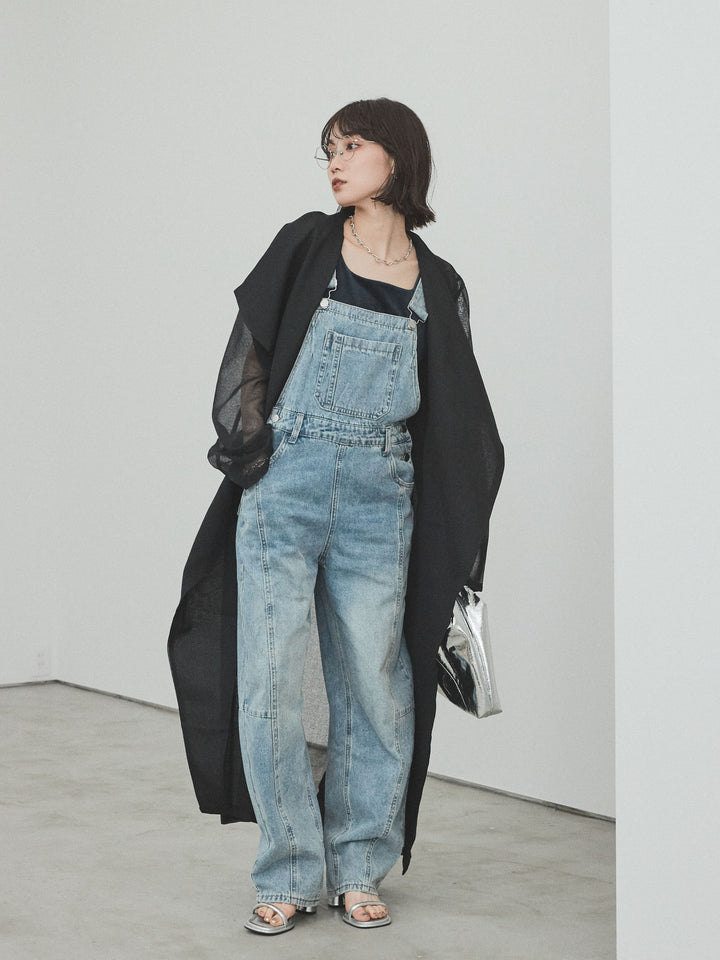 [SET] 中縫牛仔背帶褲 + 透視長版外套（2 件組）