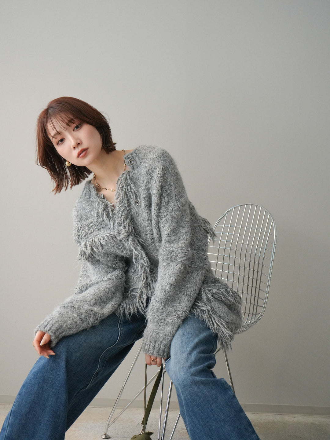 [SET]ミックスヤーンフリンジデザインニットジャケット+裏起毛加工デニムカーブパンツ(2set)