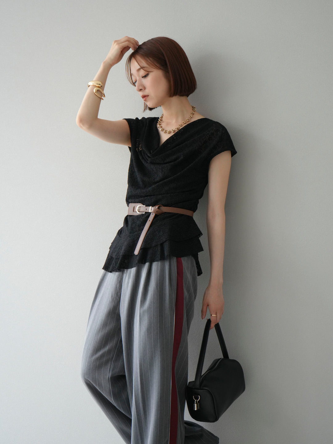 [予約]サイドラインストライプワイドパンツ/グレー