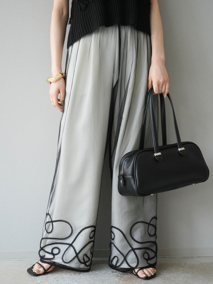 [SET]透かし編みフリンジニットトップス+コード刺繍チュールレイヤードパンツ(2set)