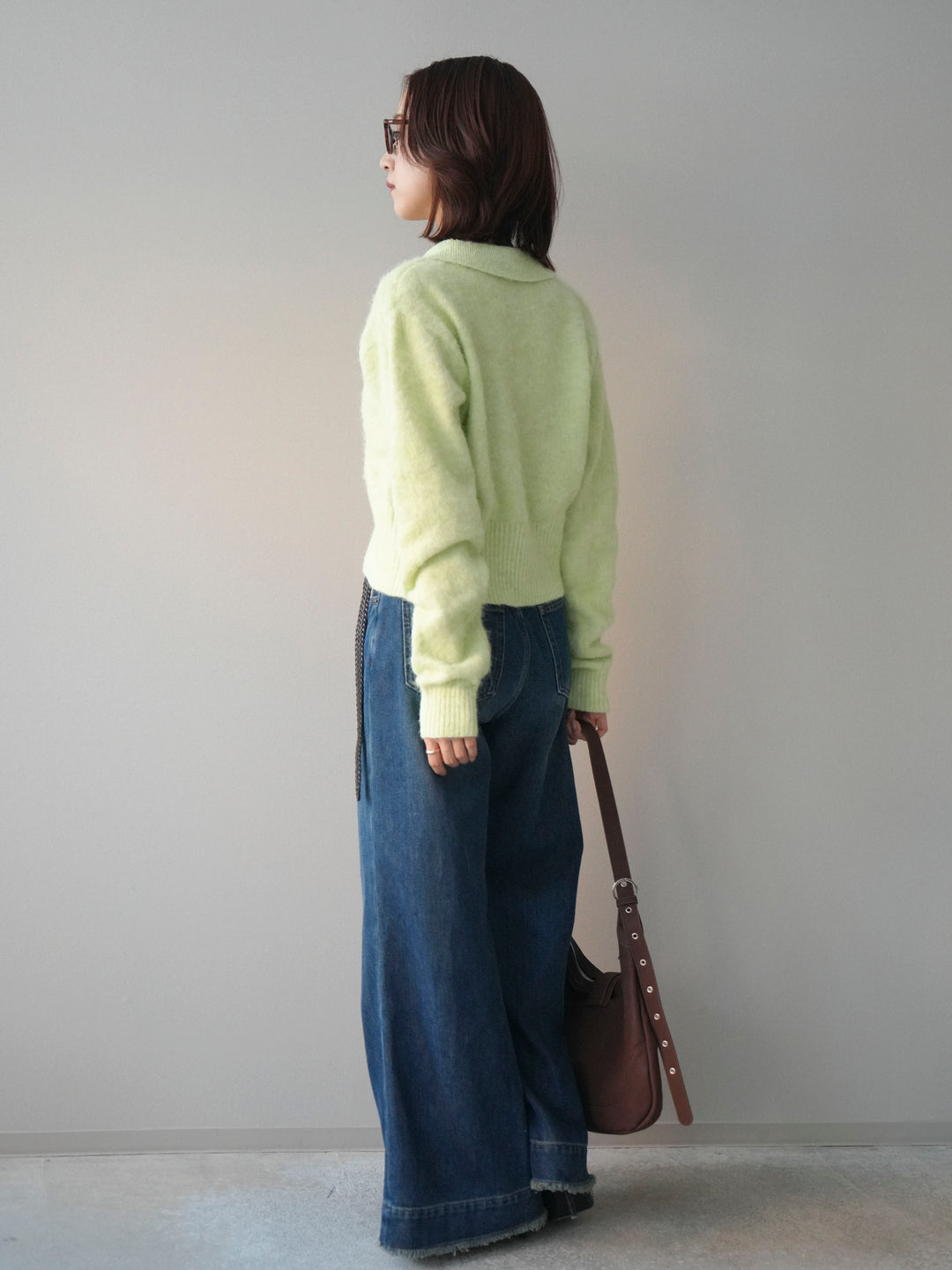 [SET]モヘア衿付きボタンプルオーバー+裏起毛裾フリンジワイドデニムパンツ(2set)