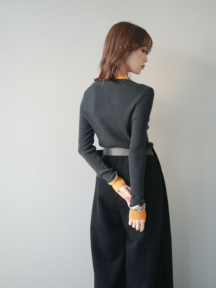 [予約]Uネック配色レイヤードリブニットトップス/charcoal