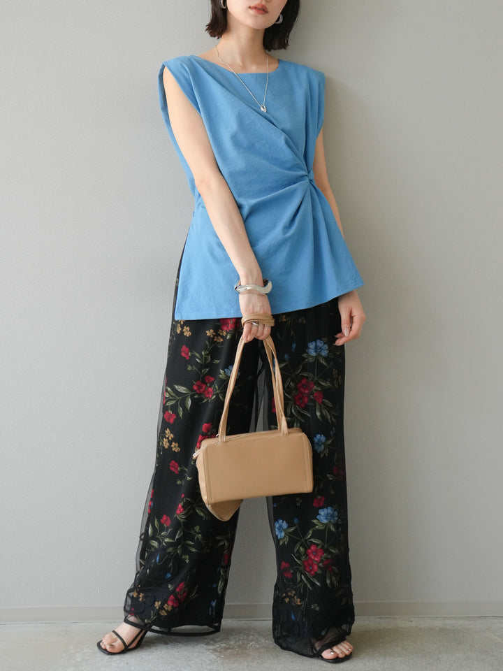 [SET] 側扭法式上衣+植物圖案休閒褲+繩繡薄紗疊穿褲（3件套裝）