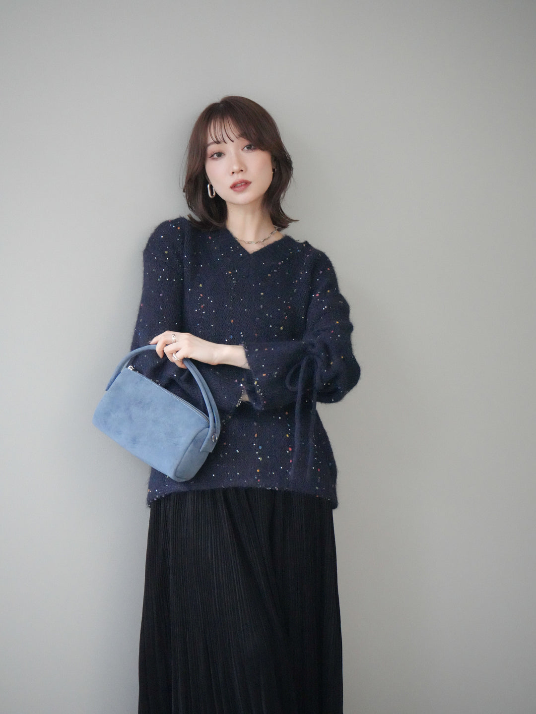 [予約]キャンディースリーブカラーネップスパンコールニットプルオーバー/navy