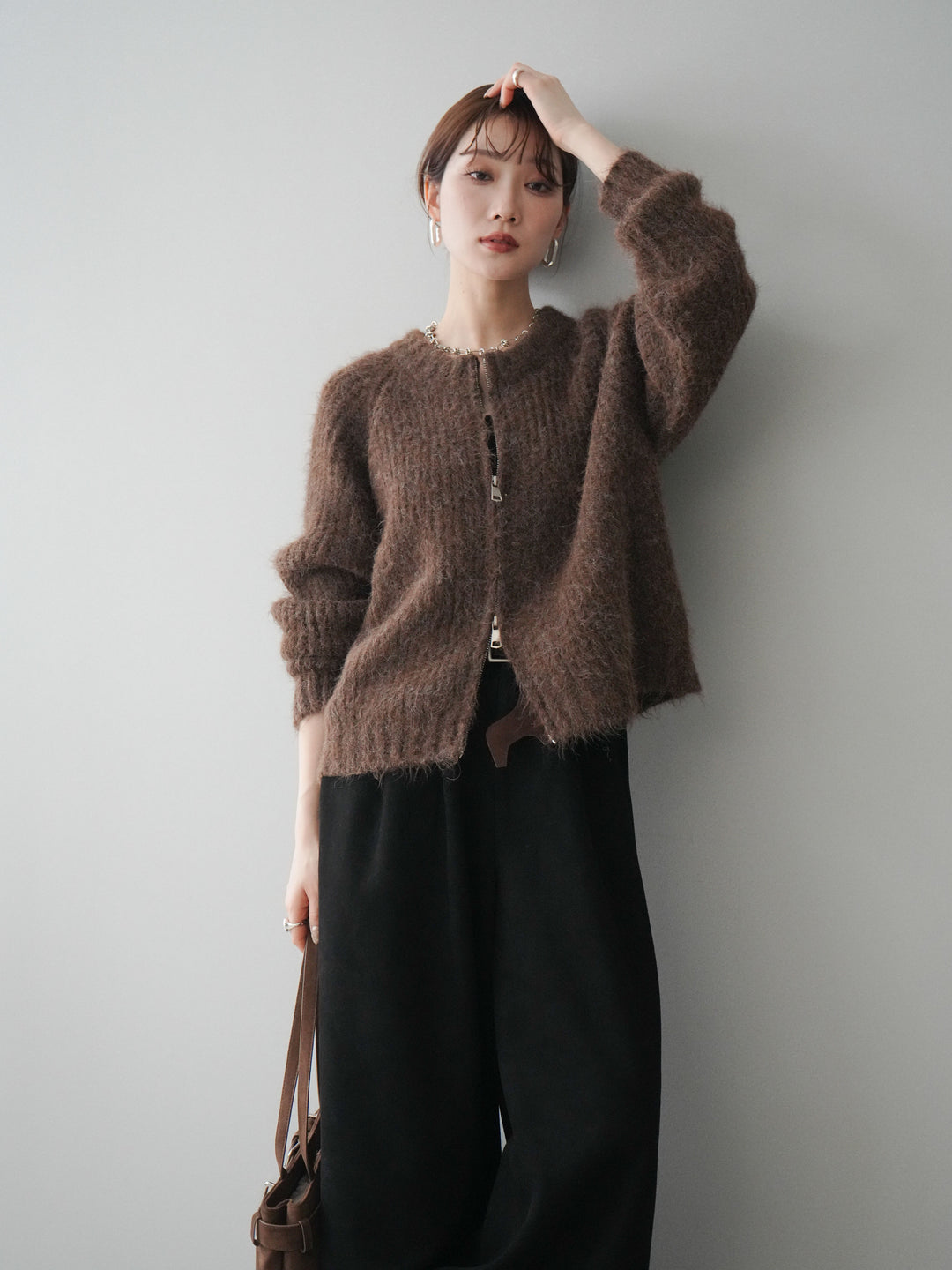 [予約]MIXヤーンモヘアタッチZIPニットカーディガン/brown