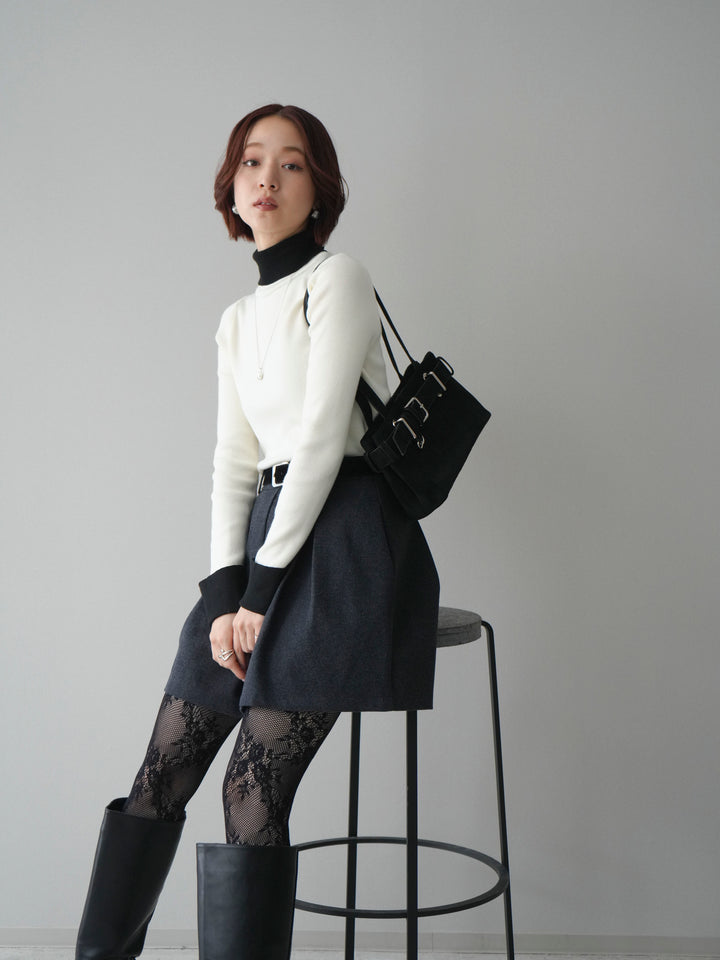 [予約]バイカラーレイヤードデザインタートルニットトップス/offwhite