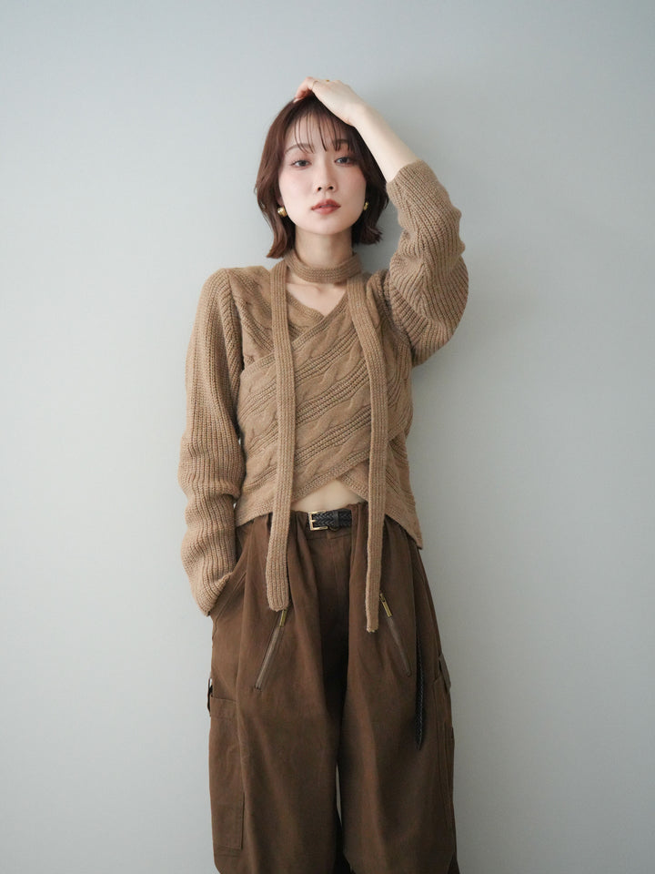 [予約]ケーブル編みクロスニットトップス/camel