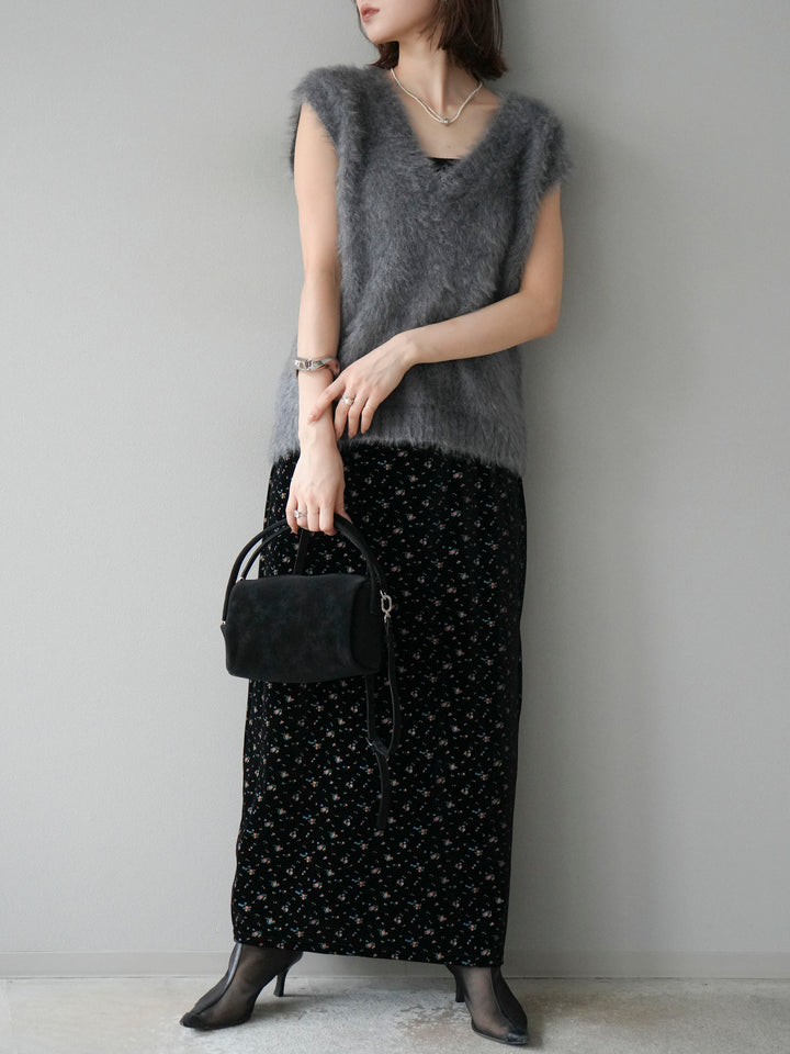 [予約]ベロアフラワープリントIラインスカート/ブラックxイエロー