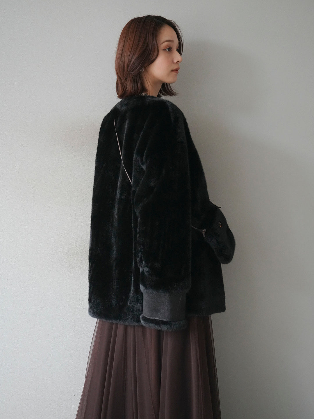 [SET]バッグ付エコファーノーカラーコート+チュールボリュームスカート(2set)