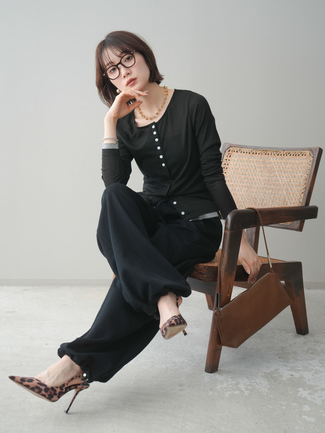 [予約]シアーリブバイカラーカーディガン/black