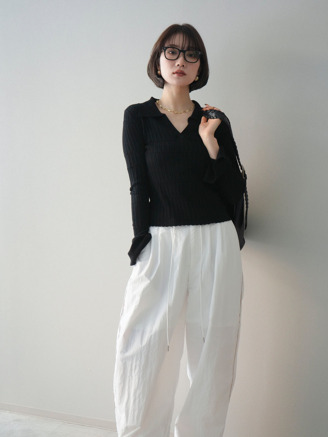 [予約]シアーリブスキッパーニットトップス/black