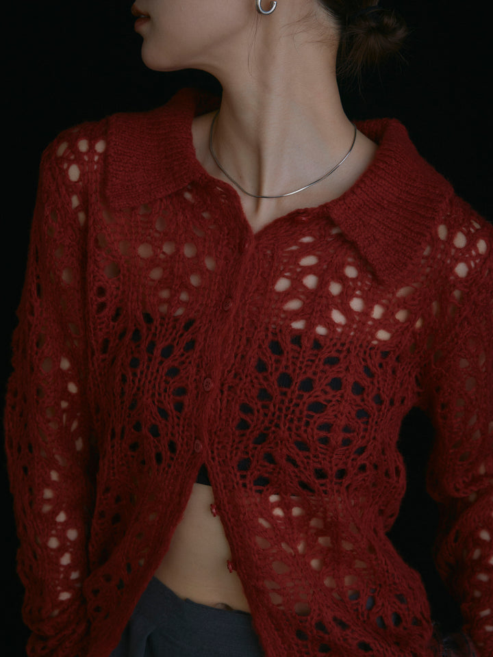 【Allure】[SET]ローゲージ透かし編みポロニッカーディガン+ラップデザインタックワイドパンツ(2set)