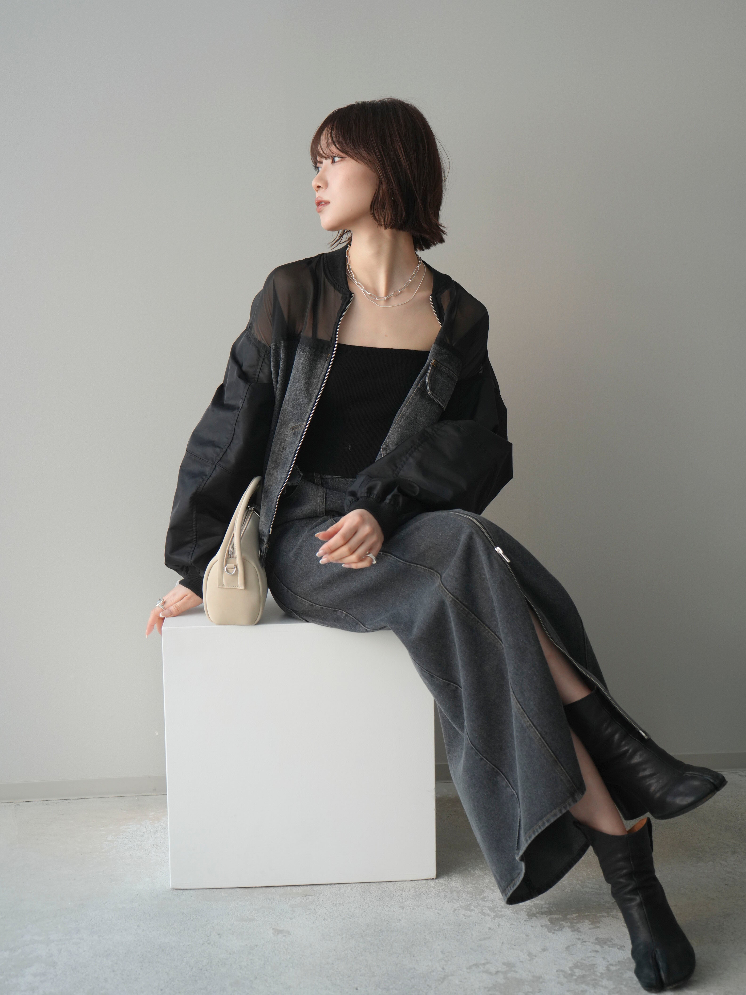 SET]異素材デニムブルゾン+フロントジップデニムスカート(2set) – Lumier