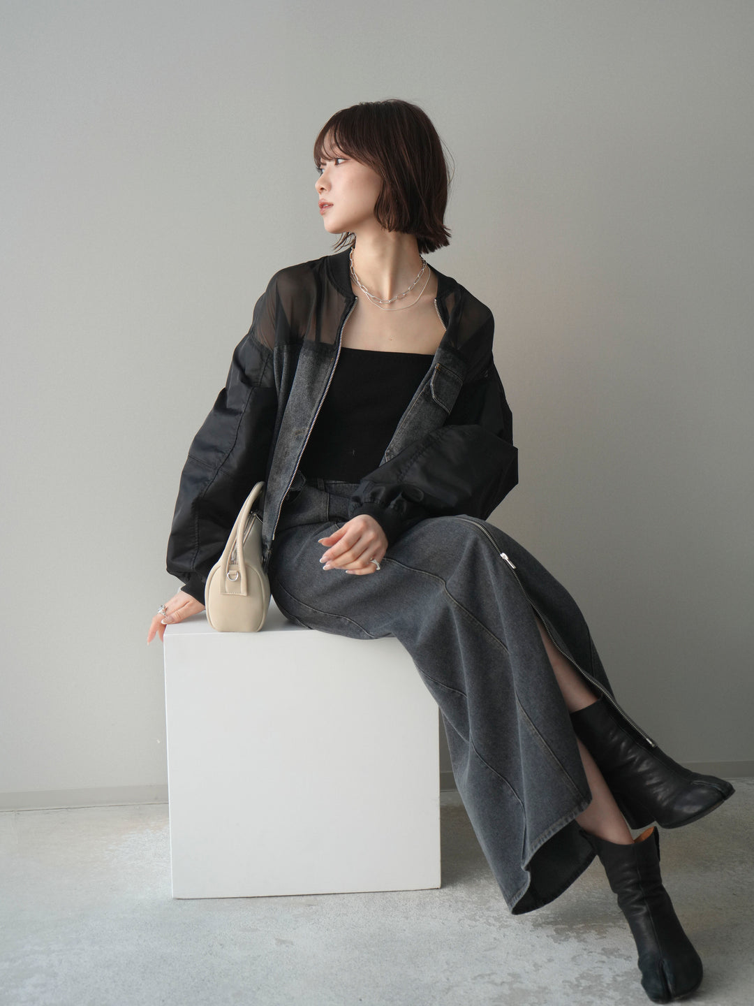 [SET]異素材デニムブルゾン+フロントジップデニムスカート(2set)