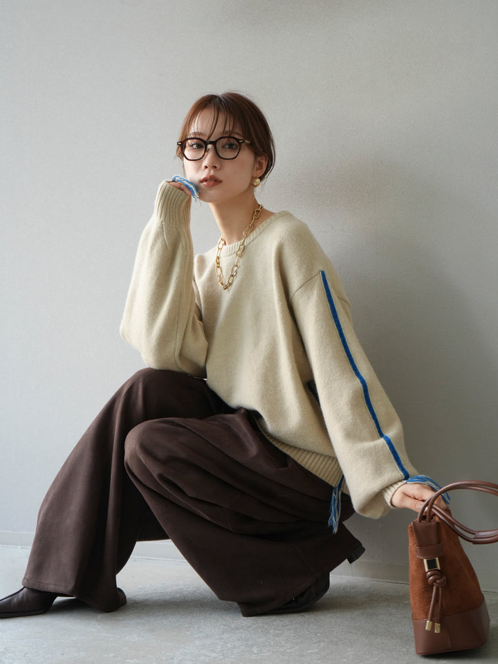 [予約]配色ステッチフリンジニットプルオーバー /アイボリー