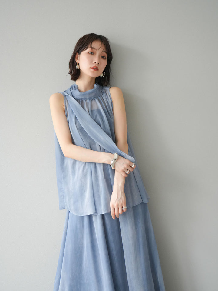 [SET]ニュアンスシアーホルターネックブラウス+ニュアンスシアーフレアスカート(2set)