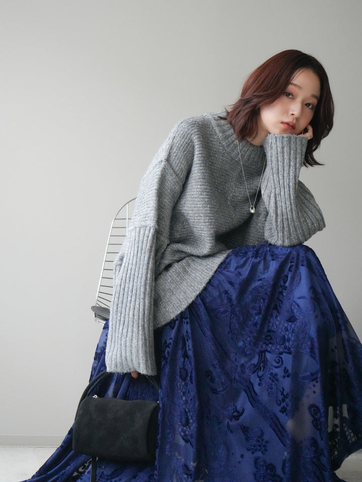 [SET]編み地切替ボトルネックニットプルオーバー+アンティーク柄フロッキーマキシスカート(2set)
