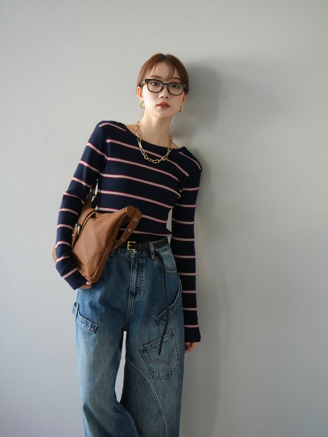 [予約]バックオープンボーダーテレコリブトップス/ネイビー