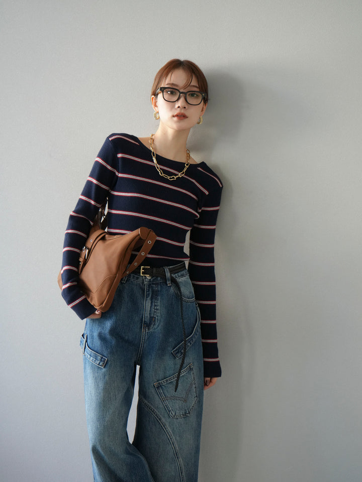 [予約]バックオープンボーダーテレコリブトップス/ネイビー