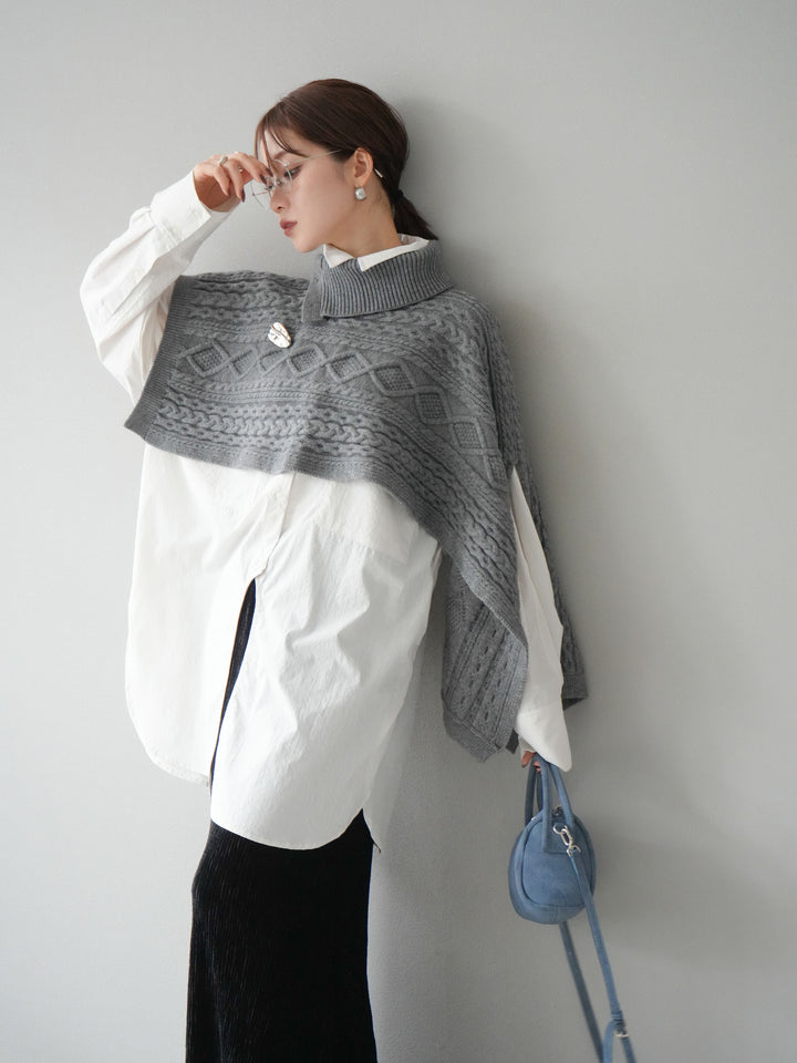 [予約]ケーブル編みニットケープ/グレー