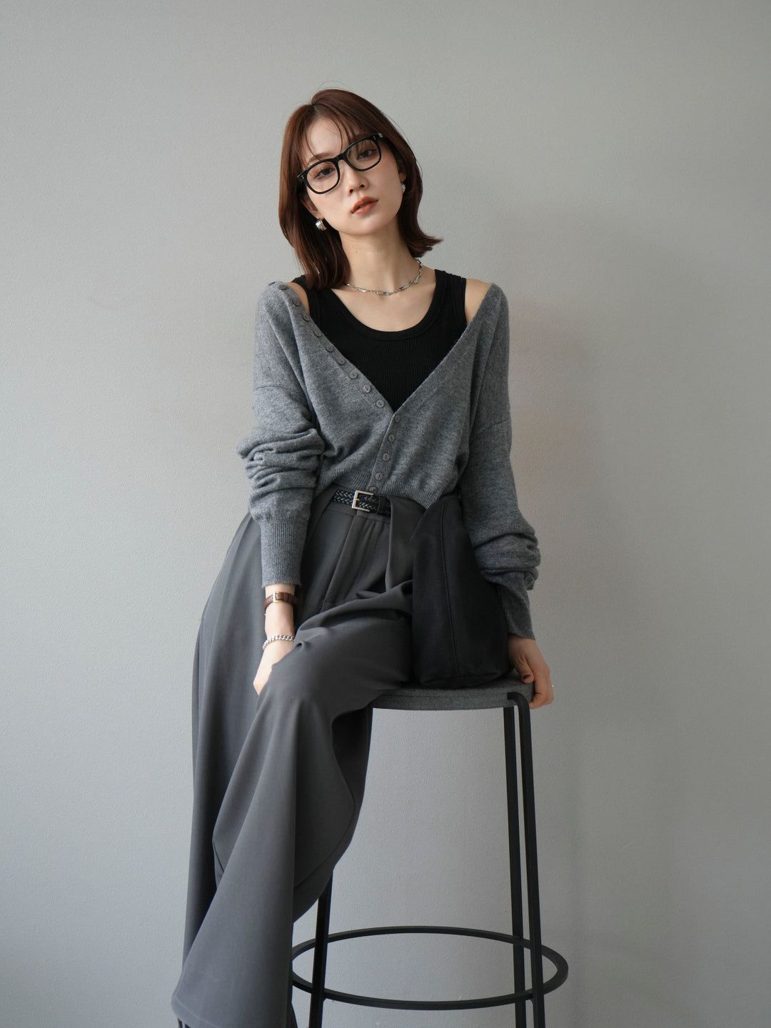 [予約]デザインボタンニットカーディガン＆タンクトップSET/グレー