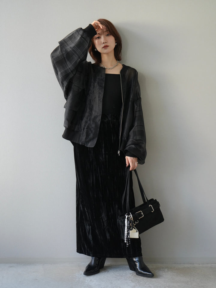 [預購] 格紋薄紗對接外套/黑色