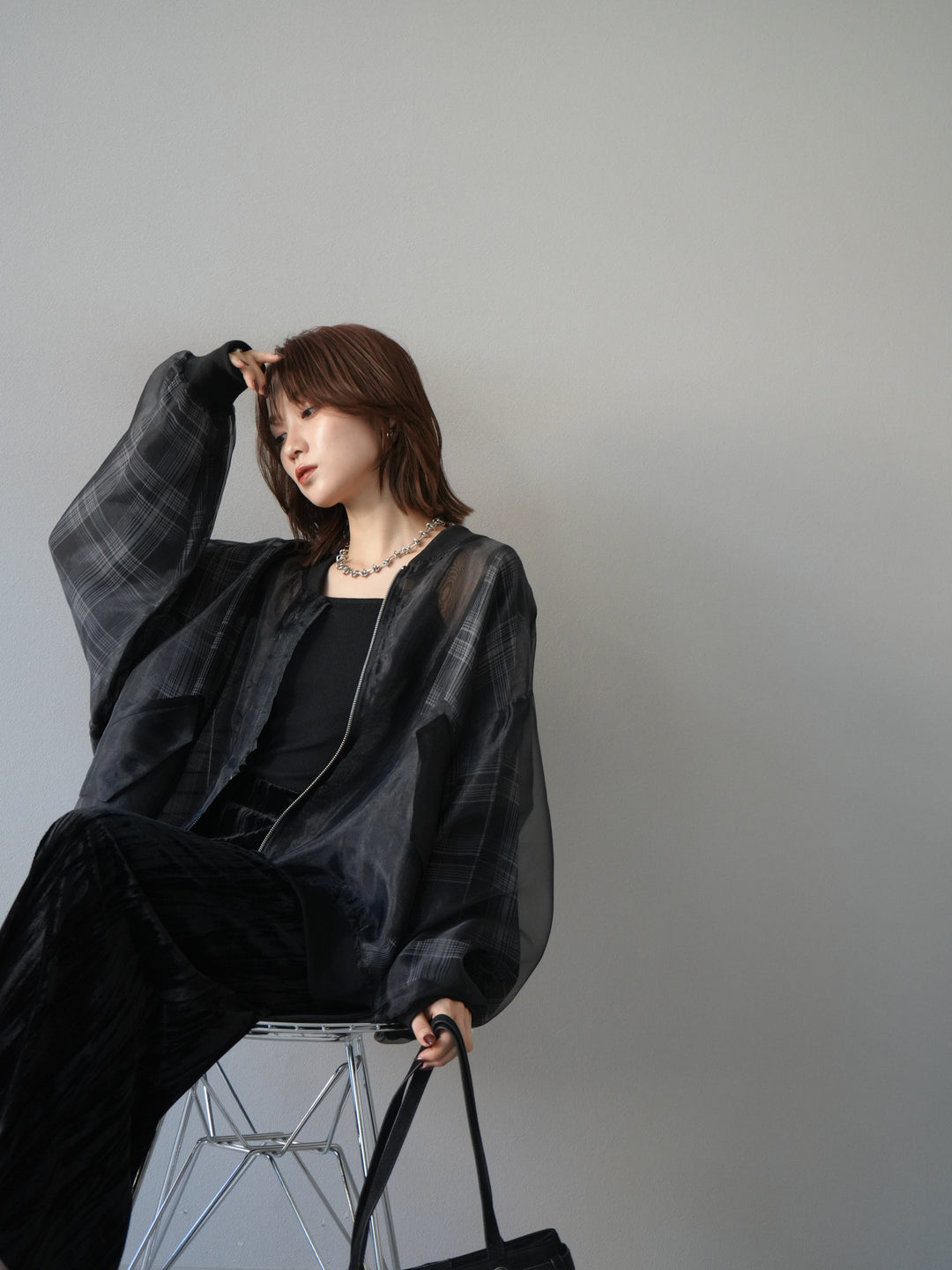 [預購] 格紋薄紗對接外套/黑色