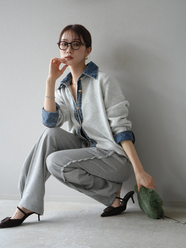 [予約]デニム襟ボタンニットカーディガン/オートミール