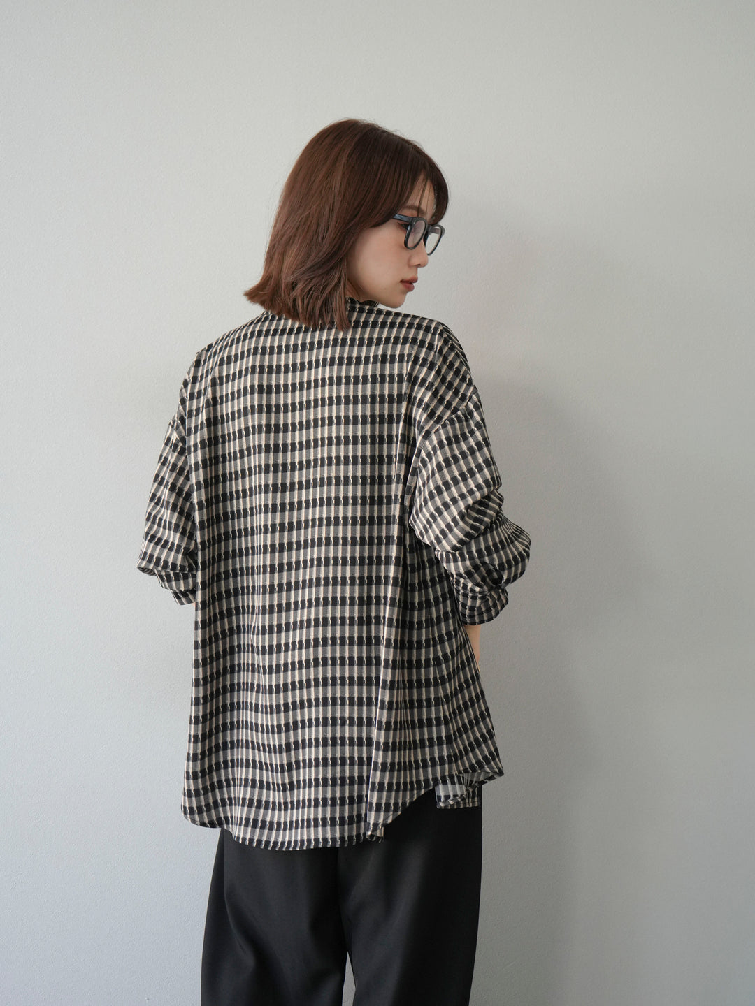 [予約]チェック柄2WAYスリーブバンドカラーシャツ/ベージュブラック
