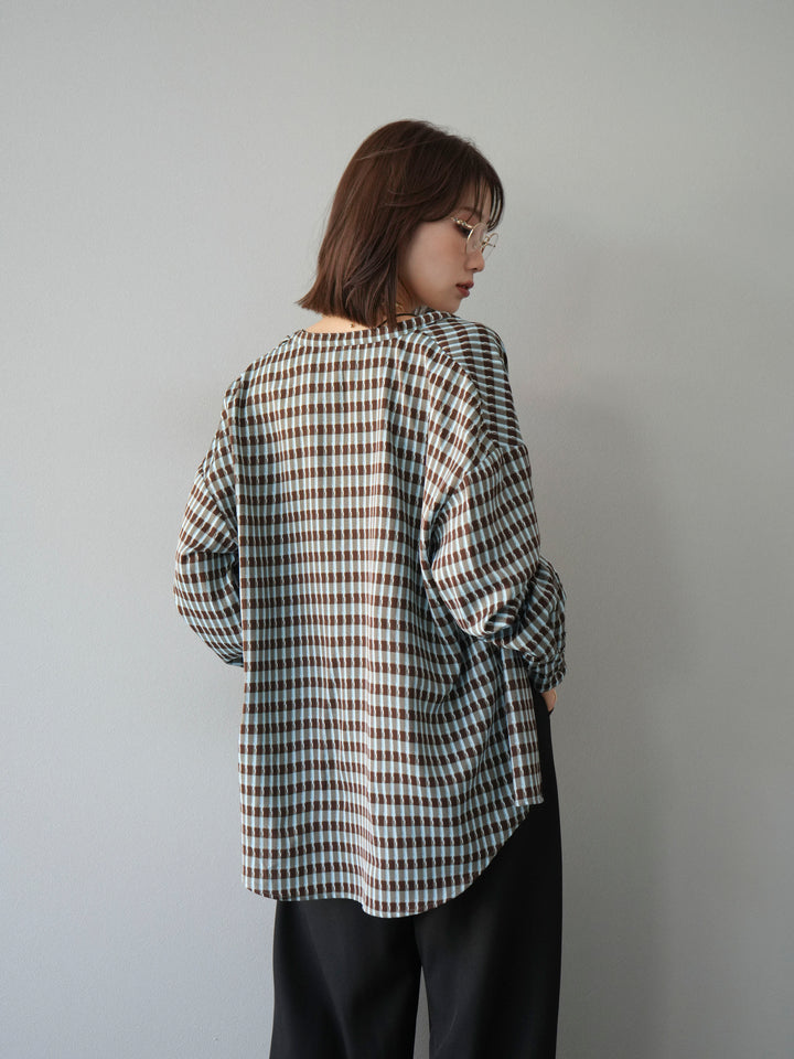 [予約]チェック柄2WAYスリーブバンドカラーシャツ/ブルーブラウン