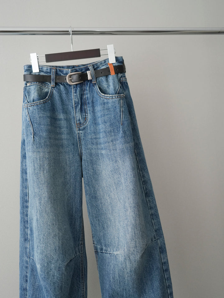 [SET]ヘンリーネック配色ニットソー+ベルト付3Dカーブワイドデニムパンツ(2set)