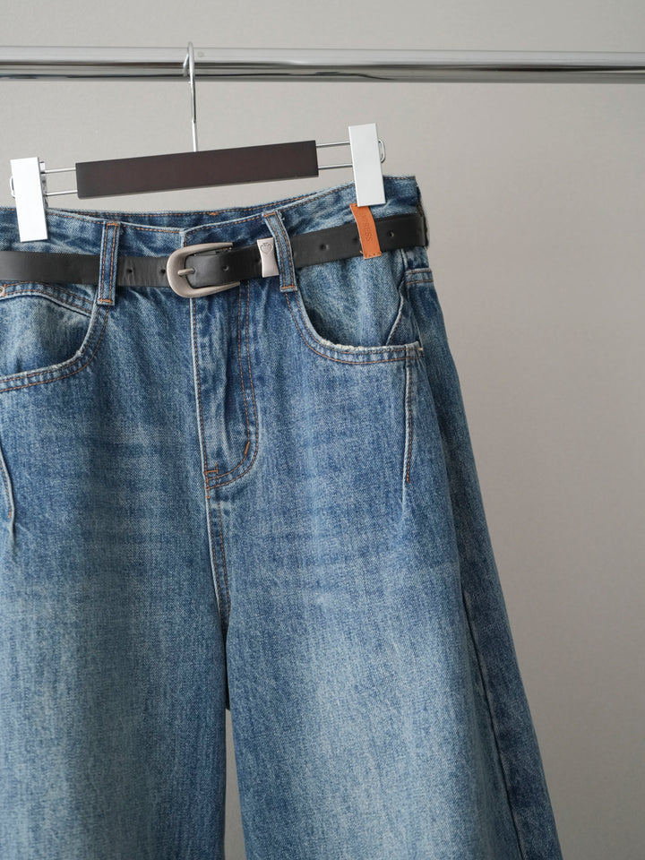 [SET]ヘンリーネック配色ニットソー+ベルト付3Dカーブワイドデニムパンツ(2set)